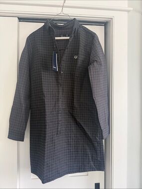 Fred Perry Black and Grey Windowpane Button-Down Shirt Dress